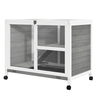 Lapin gris sur roulettes - Dimensions du bureau et de la table d'appoint. Cage en bois imperméable pour 1 ou 2 lapins nains. 36 po de longueur x 21 po de largeur et 28,75 po de hauteur.