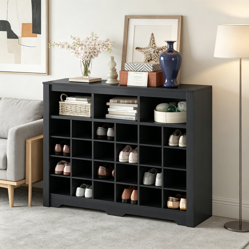 Sleek Design 24 Shoe Cubby Console Modern Shoe Cabinet Versatile Sideboard With Highquality, Black