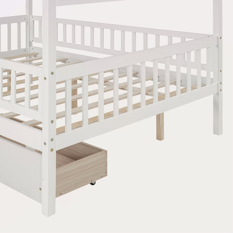 Lit double en bois avec deux tiroirs, Blanc