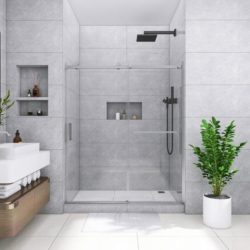 56-60 In. W X 72 In. H Reversible Sliding Framed Shower Door In Brushed Nickel Finish, Brushed Nickel
