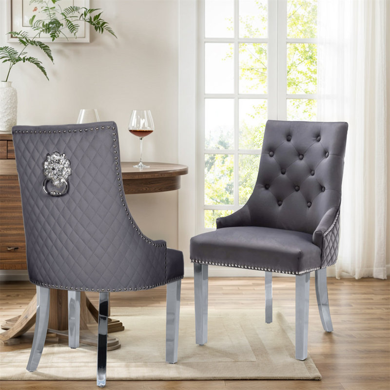Devleta Velvet Dining Chairs, Tufted Mid-Century Modern Dinning Chairs w/Metal Legs for Kitchen Dining Room, Gray