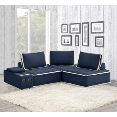 Canapé modulaire 4 pièces Sunset Trading Pixie | Canapé modulaire | Supports de porte-gobelets de rangement USB Bluetooth | Tissu bleu marine et crème