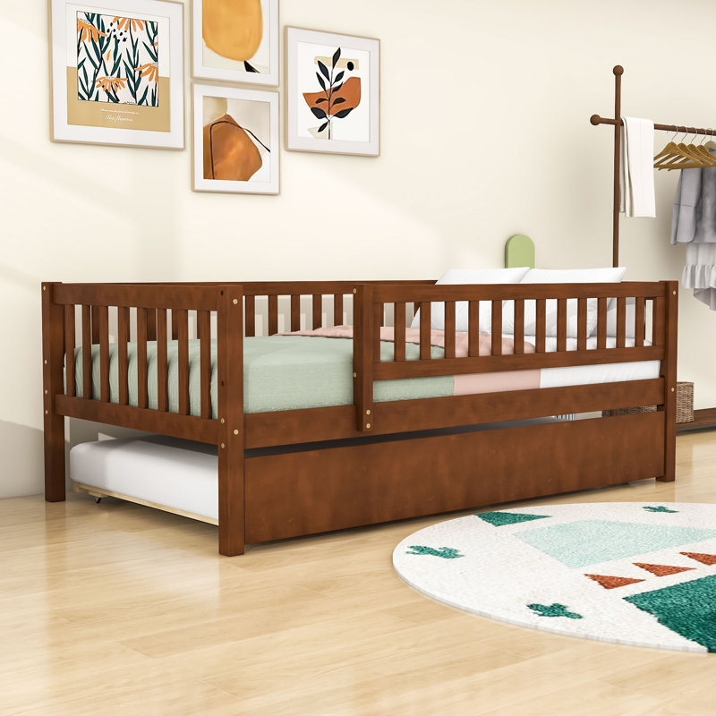 Wooden Daybed with Roll-Out Trundle and Safety Guardrails, Walnut, Twin