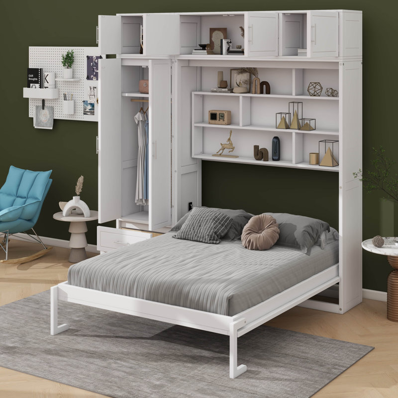 Élégant grand lit mural avec armoire supérieure, système d'étagères et garde-robe intégré, Blanc