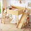 Lit mezzanine double avec tablettes de rangement et garde-robe, conception en bois massif avec glissière amovible et échelles, aucun sommier nécessaire-1562938180