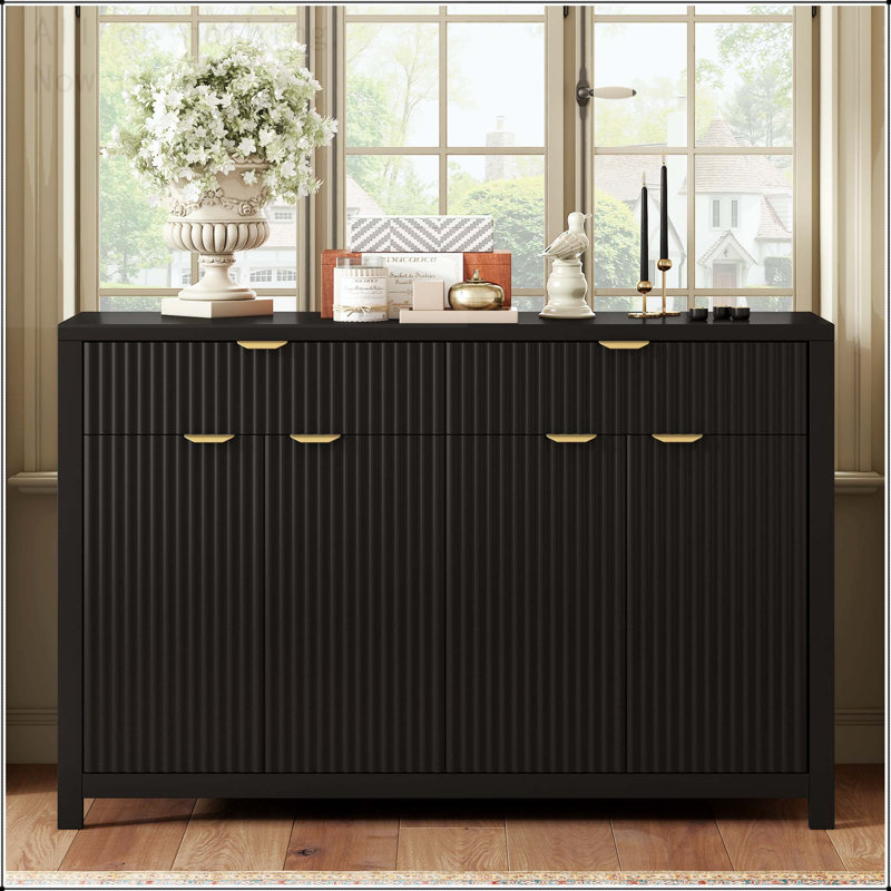 Buffet scandinave à motif de vagues avec tablettes réglables, Noir