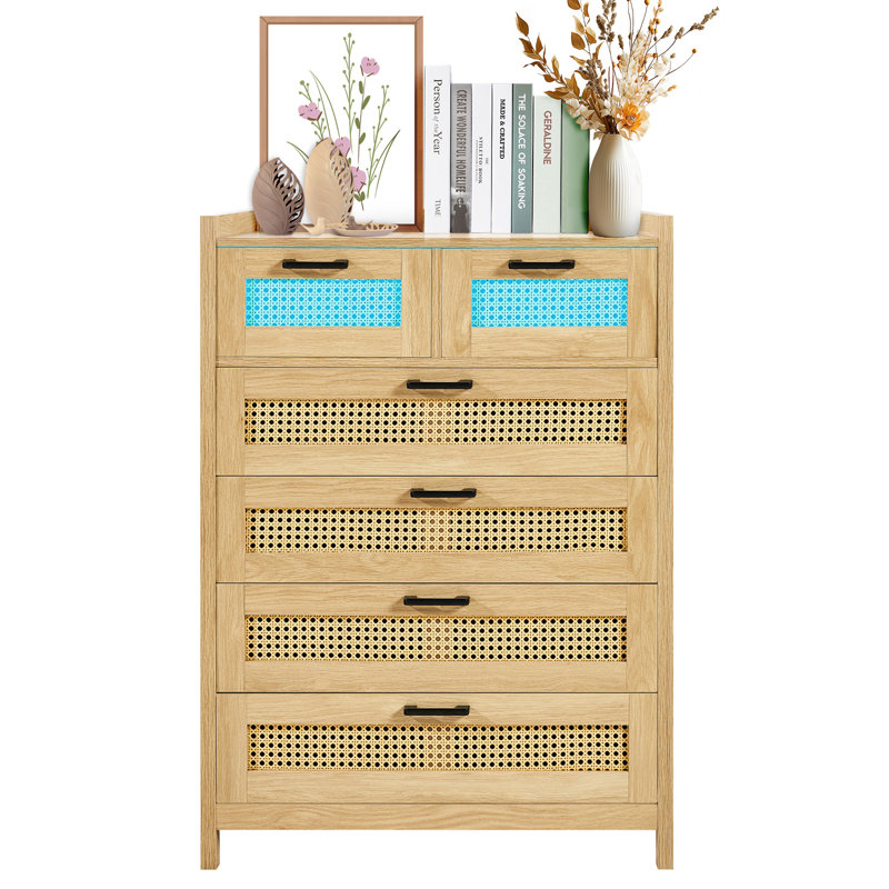 Commode 5 tiroirs en rotin, commode Boho, commode en rotin avec rangement spacieux, commode en rotin naturel