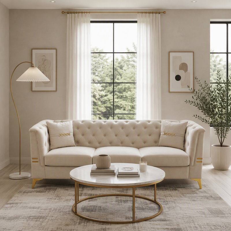 Sofa with 2 Pillows, Cream White Velvet