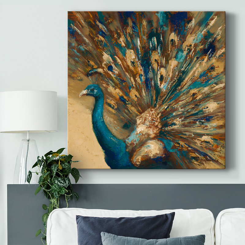 Fier paon sur toile, Brun et bleu, H 40 po x l 40 po