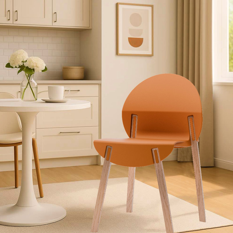 4 chaises d'intérieur tropicales orange avec des pieds en chêne rouge et un siège en polypropylène, une construction résistante aux égratignures, un grain de bois naturel massif, des joints renforcés pour un soutien lourd, des coussinets souples de