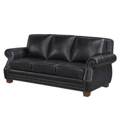 Ronny Sofa, Nailhead Trim, Brown Wood Feet, Black Genuine Leather