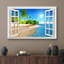 Fenêtre, paysage, ciel bleu ensoleillé, plage tropicale, palmiers côtiers, reproduction d'art sur toile-56099186