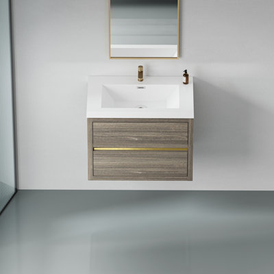 Meuble-lavabo mural 30 po avec lavabo, meuble de rangement flottant avec comptoir en résine de pierre et tiroirs à fermeture en douceur