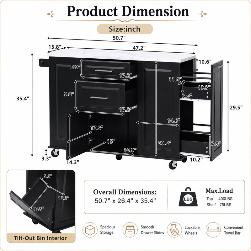 Îlot de cuisine Kavrell 50,7 po avec abattant, chariot de cuisine roulant avec armoire à poubelle inclinable, organisateur coulissant à 2 niveaux, 2 tiroirs, armoire de rangement et roues verrouillables