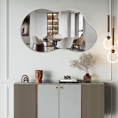 Modern Asymmetrical Wall Mirror with Metal Frame, Irregular Decorative Mirror for Bathroom, Bedroom, Living Room & Entryway, Silver