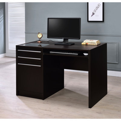 Bureau moderne avec deux tiroirs, un insert transparent et une prise de courant intégrée