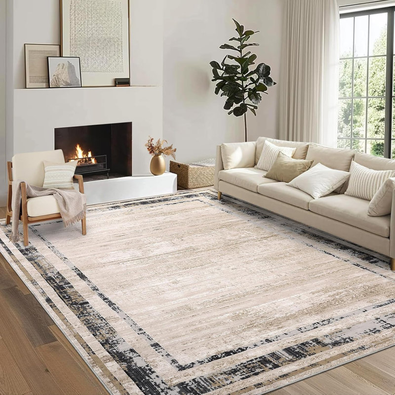 Washable Modern Distressed Edge Thin Indoor Rug, Low Pile Area Rug with Stain Resistant Surface, Non Slip Backing & Easy Clean for Living Room, Bedroom, Home Office, Entryway