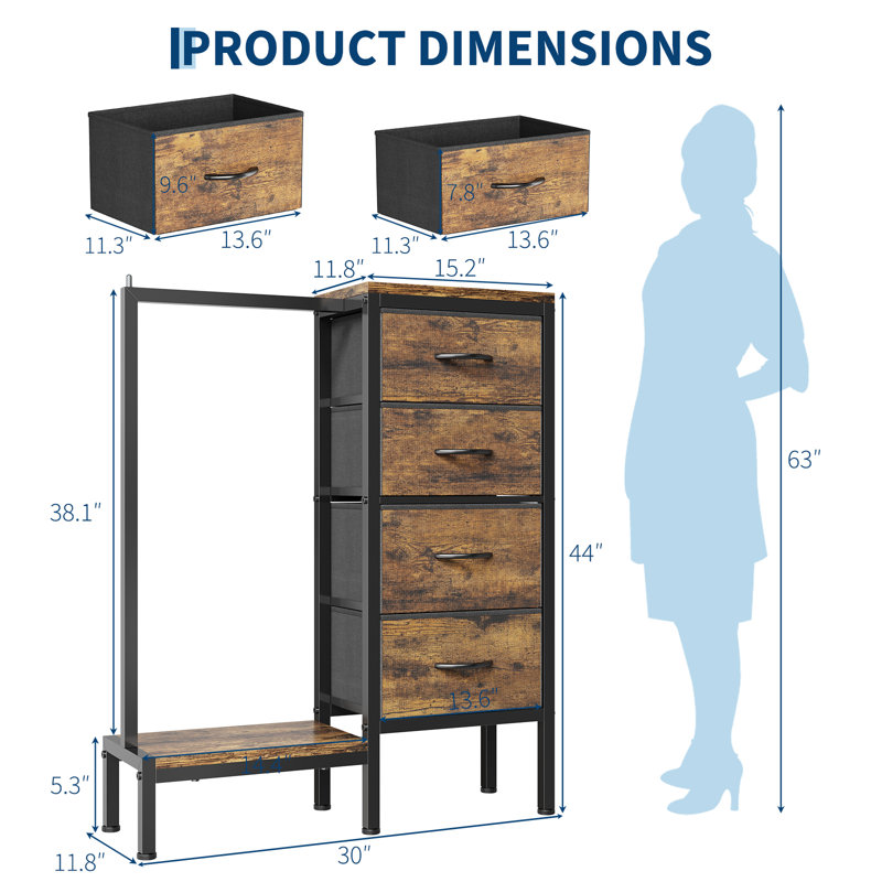 76.2cm W Metal Storage Rack, 119m H x 76.2cm W x 30cm D, Brown