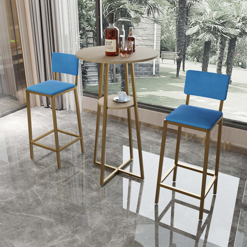 Bar Table And Chairs 3 Piece Set, Frame, Sponge Made Seat Cushions And Backrests, Bar Table With Storage Function, Navy