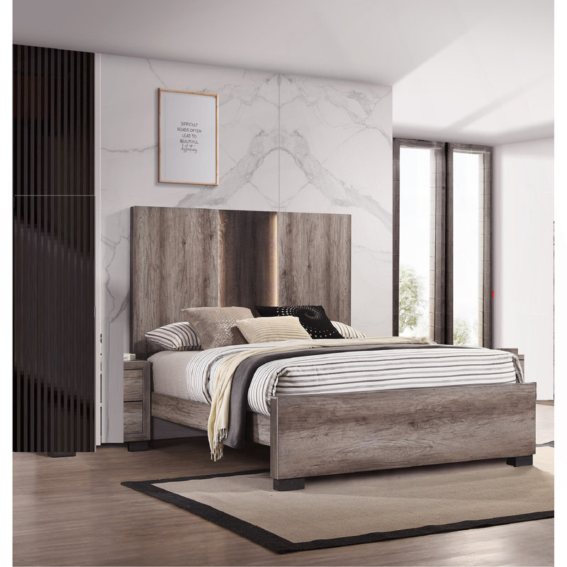 Mobilier de chambre à coucher contemporain 1pc, Très grand lit, Gris, brun beige