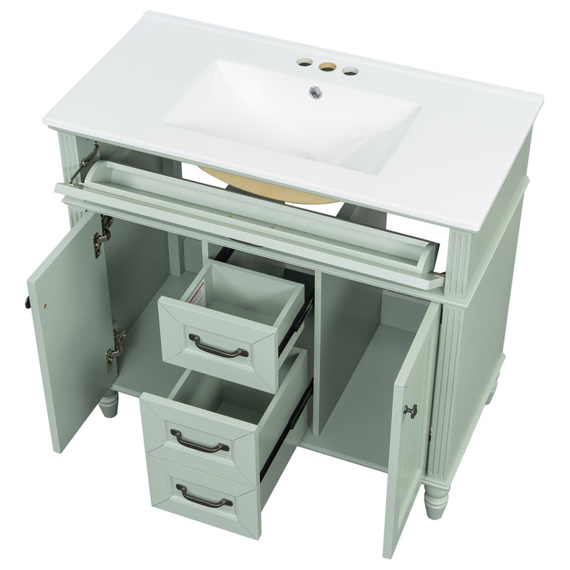 Meuble-lavabo autoportant 36 po avec lavabo en céramique, structure en bois aggloméré et en bois massif, tiroir supérieur coulissant, portes à fermeture en douceur, 2 poignées de tiroir de rangement