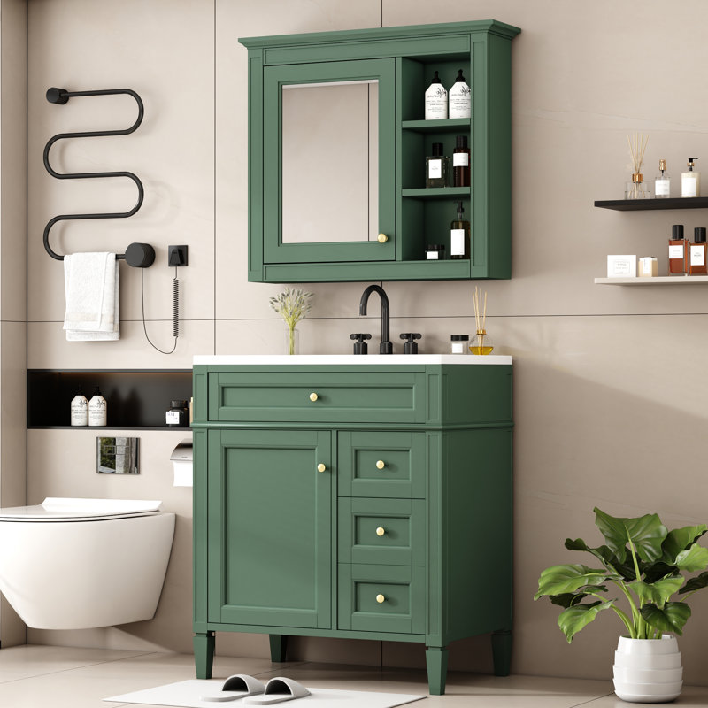 Ensemble de meuble-lavabo 30 po avec lavabo, armoire à miroir, 2 tiroirs + tiroir basculant, structure en bois massif, finition verte, autoportant