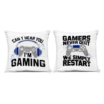 Gamer Culture Phrases 2 Piece Outdoor Printed Pillow Set, design by Kim Allen