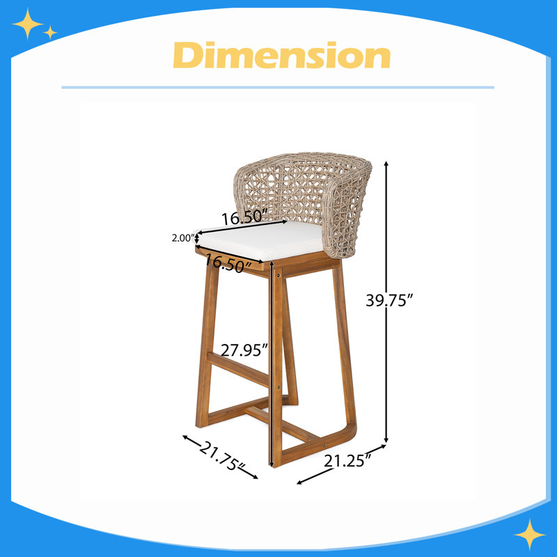 Outdoor Acacia Wood Bar Stools (4 PCS), Bar Height Chairs with Cushion & Wicker Back, Counter Height Stools for Patio, Poolside, Kitchen Island