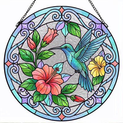 Hummingbird Floral Stained Glass Window Panel，7.8H