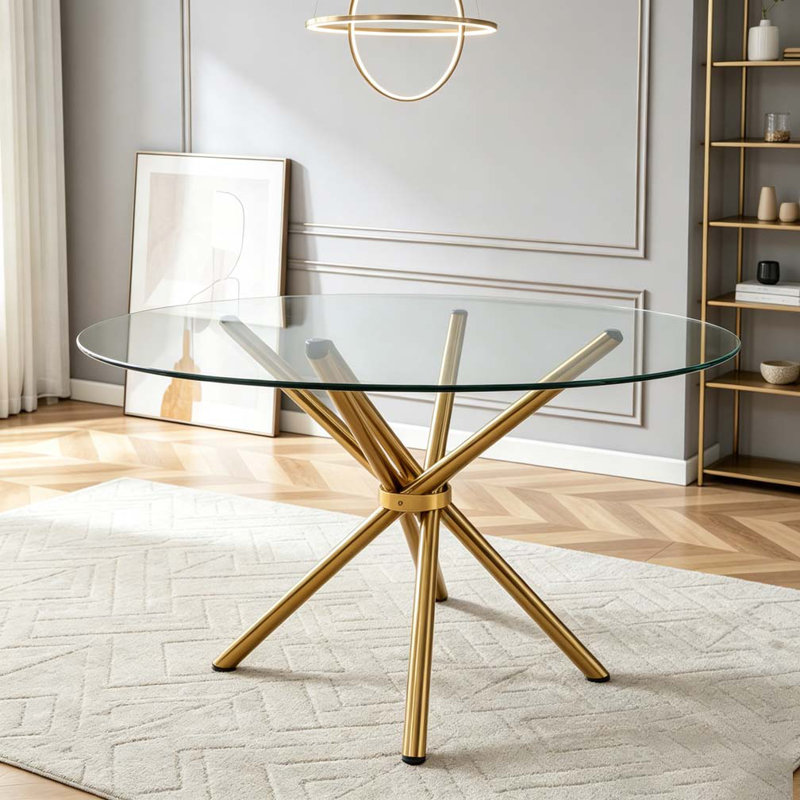 Round clear glass dining table, Gold