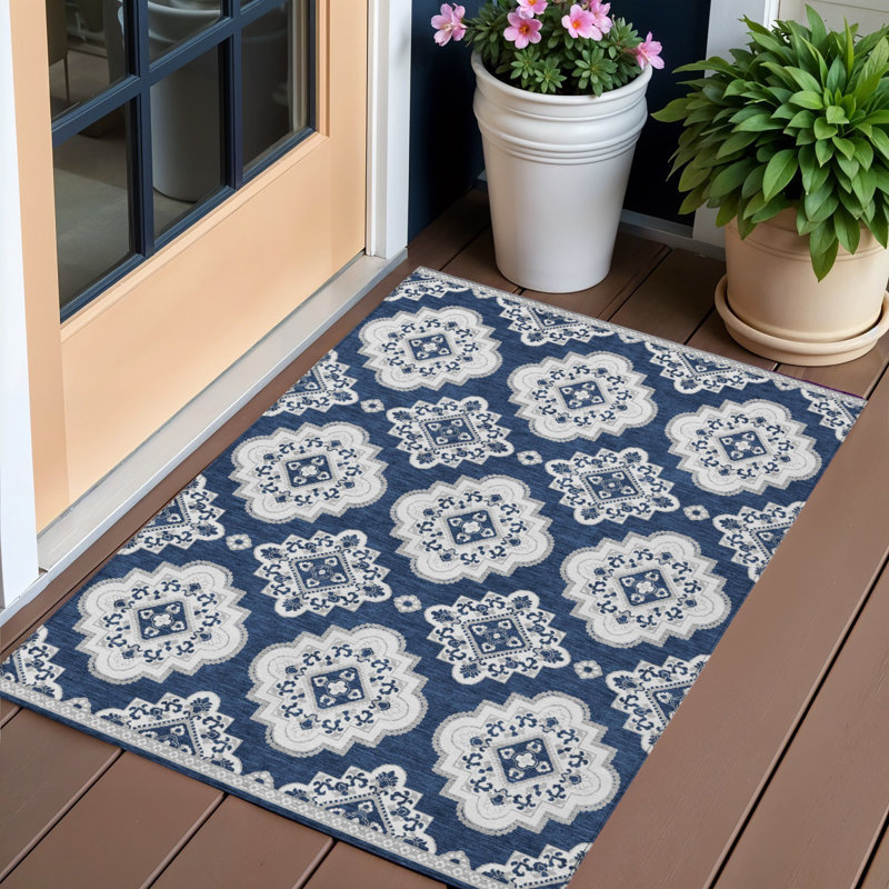3' X 5' Navy Blue And Ivory Medallion Washable Indoor Outdoor Area Rug
