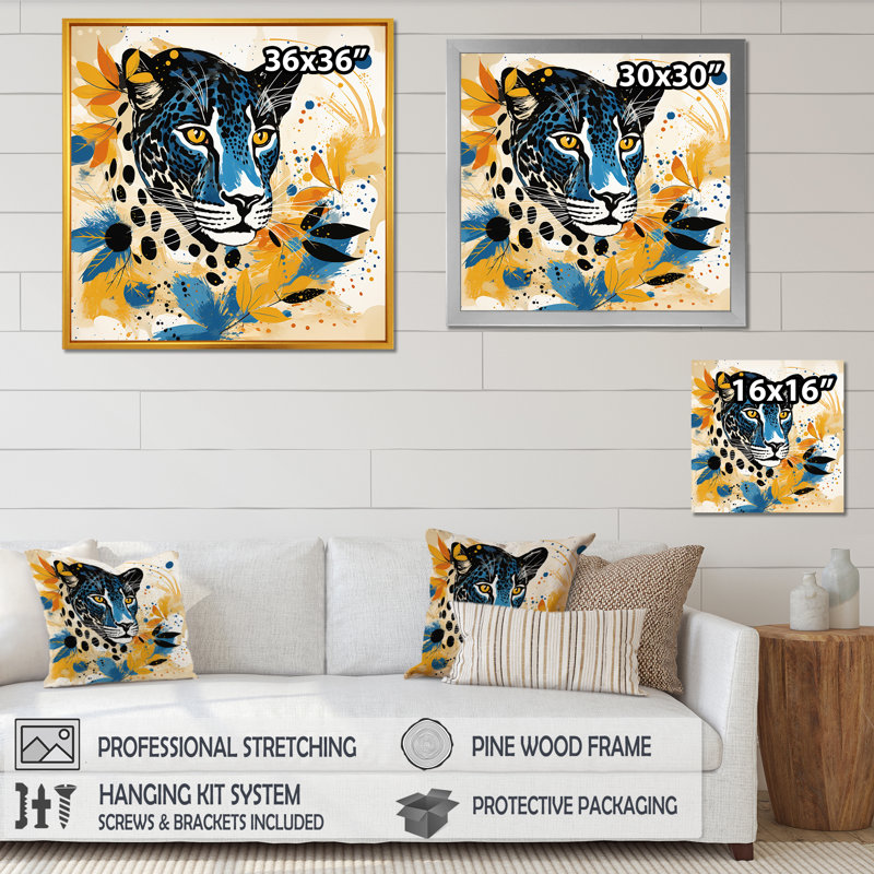 Jaune et bleu, léopard, collage IV - art mural léopard, Cadre simple noir, H 30 po x l 30 po x P 1,5 po