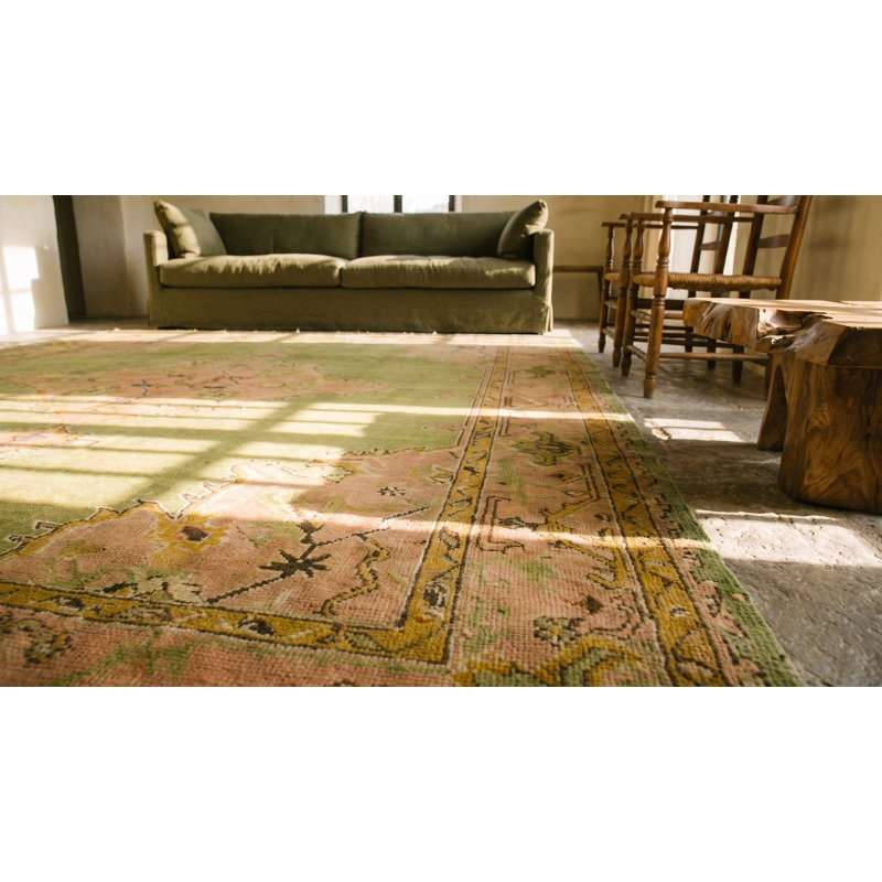 Soft Green Background Tribal Medallion Design Square Antique Turkish Oushak Rug