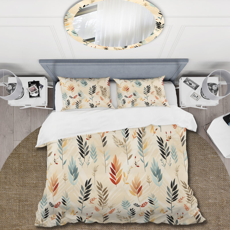 Ensemble de housse de couette floral beige doux et brun avec motif de fougères