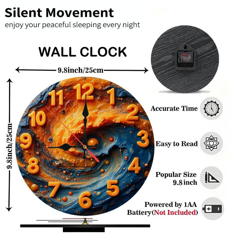 Orange Blue Abstract Swirl Clock Wall Art