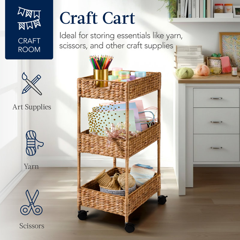 Best Choice Products 3-Tier Water Hyacinth Rolling Caddy W/ Wheels, Utility Cart, Storage Organization - Chestnut, Chestnut