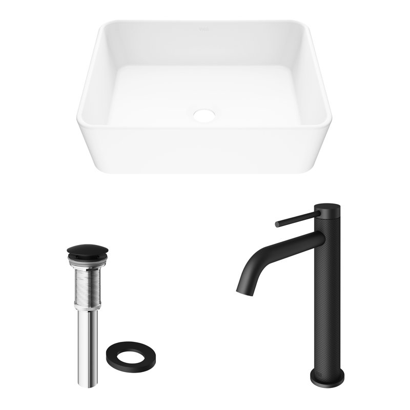 Marigold 18" L x 14" W x 5" H Rectangular White Matte Stone Vessel Bathroom Sink with 10" H Faucet