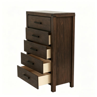 Dark Brown Pine 5-Drawer Chest, Modern Nordic Bedroom Storage Cabinet, Organizer, Space-Saving 34x17x49 in