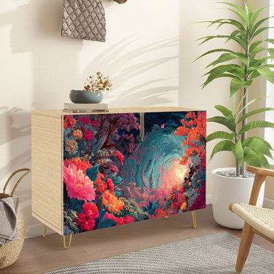 Buffet Buffet avec rangement Celestial Floral Garden Artwork avec 2 portes pour le salon et la cuisine