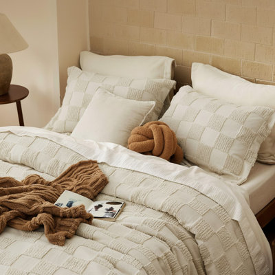 Ensemble d'édredon très grand beige, ensemble de lit à carreaux touffeté Boho, 3 pièces, 1 édredon et 2 taies décoratives