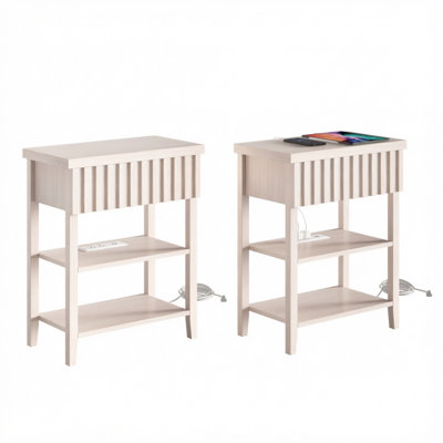 Ensemble de 2 tables de chevet beige cannelées avec station de recharge, style champêtre, avec tiroir et 2 étagères de rangement ouvertes, table d'appoint moderne pour chambre et salon