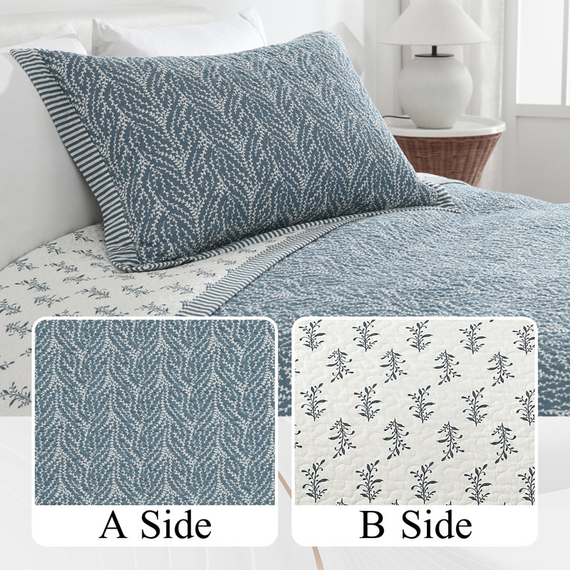Gray and Green Reversible Cotton Queen Quilt Set