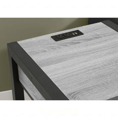 Table d'appoint, h 24 po, table de bout à 2 niveaux, table de chevet, lampe, tiroir de rangement, stratifié gris, métal noir