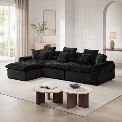 Canapé modulaire noir en laine d'agneau moelleux de 129,8 po, canapé d'angle surdimensionné en forme de L surdimensionné, grand canapé moelleux et moelleux avec coussins décoratifs pour le salon