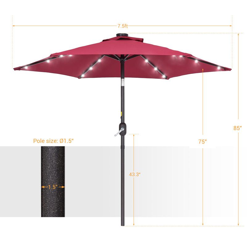 Parasol de marché d'extérieur DEL 7,5 pi avec bouton-poussoir inclinable Davinna, Rouge