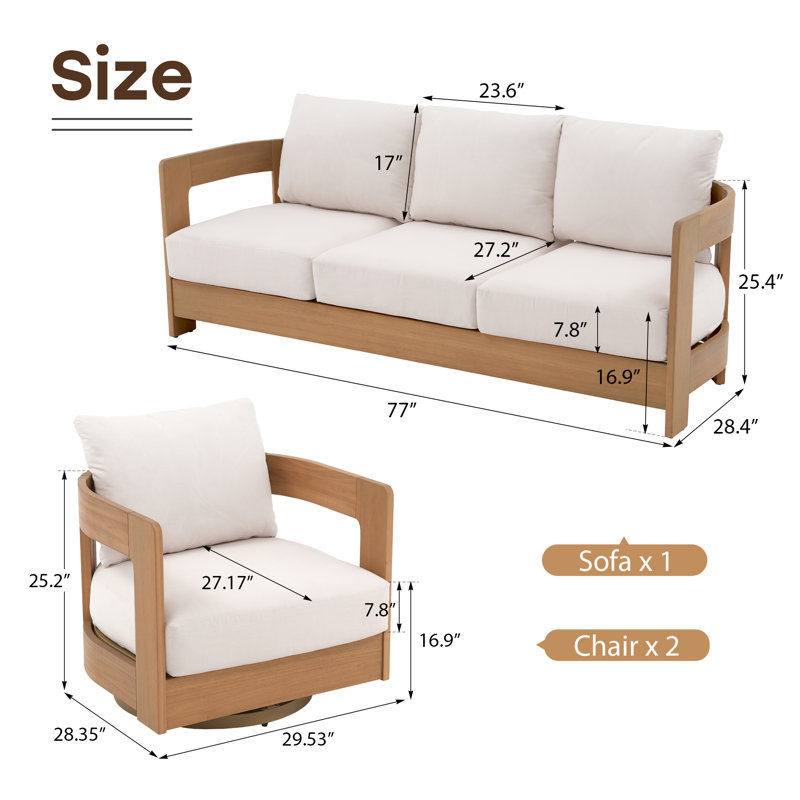 3-piece Wood Outdoor Seating Group With Cushions, Beige