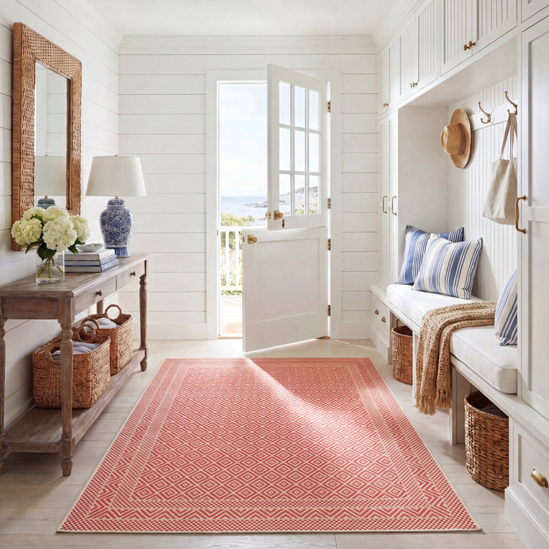 Tapis intérieur / extérieur beige / rouge à motif géométrique Arneshia, Rectangle 5 pi 3 po x 7 pi 7 po