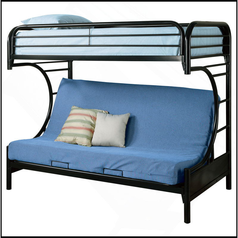 Lit superposé simple / futon Kenston noir avec structure ondulée, futon convertible et garde-corps pleine longueur pour plus de sécurité et de flexibilité