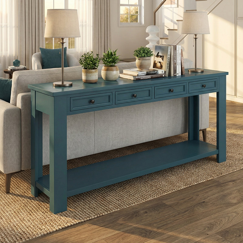 63"High-End Rustic Sofa Table With Drawers - Sturdy Craftsmanship, Hallway Storage Solution, Blue