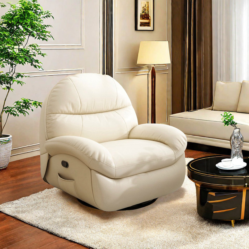 Waterproof Cat-Proof Recliner With Smooth Finish Faux Leather Swivel Recliner, Ivory